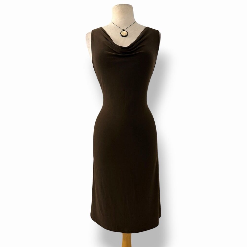 Perception Y2K Vtg Chocolate Brown Cowl Neck Midi Dress Small Minimalist